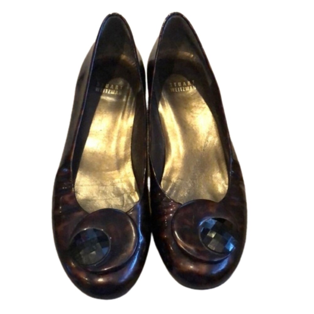 Stuart Weitzman Dark Brown Leather Wedge Flats with Decorative Gem